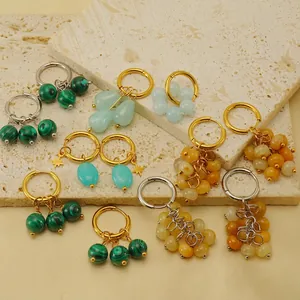 Natural Stone Stainless Steel Hoop Earrings 18K Gold Plated Bohemian Retro Malachite Dangle Jewelry For Women