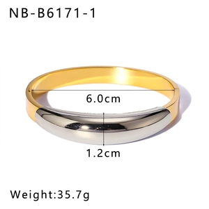 Detail view of two-tone stainless steel cuff bracelet with 1.2cm width and polished finish