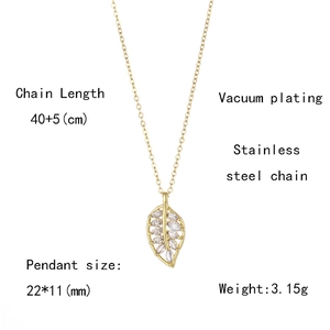 Detail view of leaf pendant necklace showing dimensions 22x11mm and chain length specs