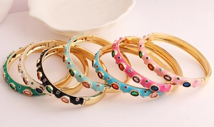 Enamel Bangle Colorful Zircon Inlaid 18K Gold Plated Brass Retro Hinged Bracelet Fashion Jewelry For Women