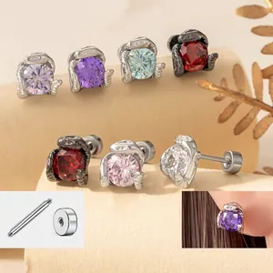 Stainless Steel Snake Shaped Zircon Screw Back Cartilage Stud Earrings Punk Hip Hop Jewelry Accessory