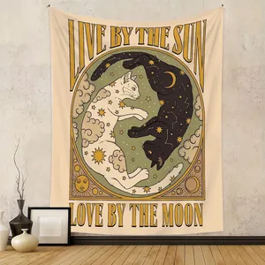 Mystical Cat Wall Hanging Tapestry Polyester Celestial Sun Moon Tarot Art Bohemian Retro Aesthetic Bedroom Home Decor