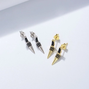 S925 sterling silver cone earrings with black zircon, vintage punk hip-hop style jewelry