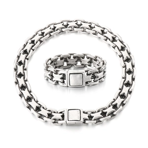 Men's silver interconnected chain necklace and bracelet set in polished stainless steel