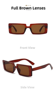 Front and side views of rectangular dark red translucent fashion sunglasses with tea lenses