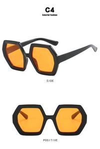 Dual view of hexagon sunglasses featuring thick black frames and bright orange lenses