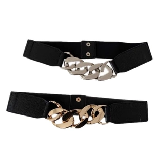 Women's elastic wide waist belt with oversized gold and silver metal chain buckles