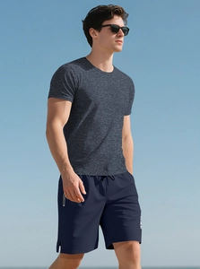 Close-up of heavy cotton fabric texture on a dark grey fitness Henley T-shirt