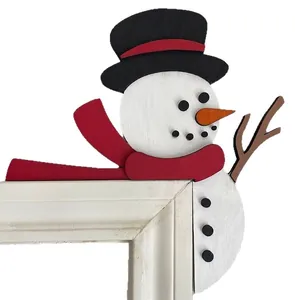Funny snowman Christmas door corner sign made of painted wood for holiday home decoration