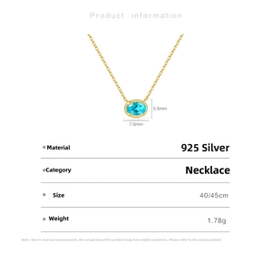 Detailed specs of S925 sterling silver necklace with blue stone pendant, 7.5x5.5mm size