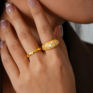 Elegant Gold Plated Copper Open Rings For Women Geometric Lattice Hollow Out With Cubic Zirconia Vintage Style
