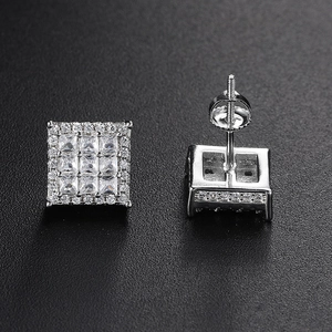 Detailed view of silver square zircon earrings with screw backs and iced-out pave setting