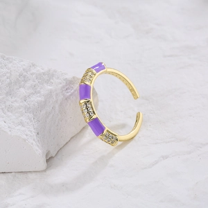 Bohemian 18K gold plated geometric open ring with purple enamel and zircon accents