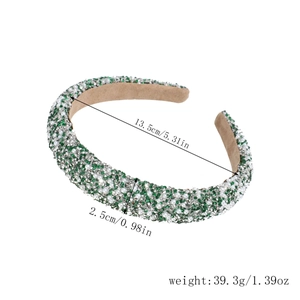 Detail showing dimensions of green rhinestone and faux pearl padded headband