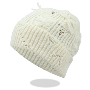 Distressed white knit beanie with street style ripped holes and fringe details