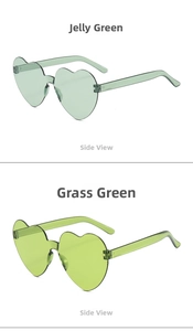 Detail view of heart-shaped rimless sunglasses in jelly green and grass green colors
