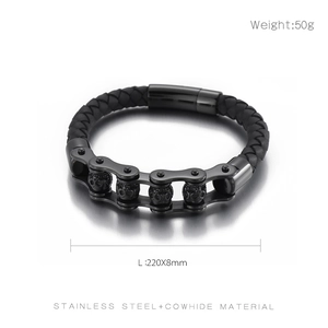 Bracelet punk tressé pour homme en cuir et acier inoxydable avec motif de crâne