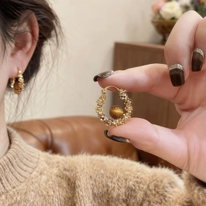 Retro tiger eye stone gold hoop earrings with woven metal texture for women