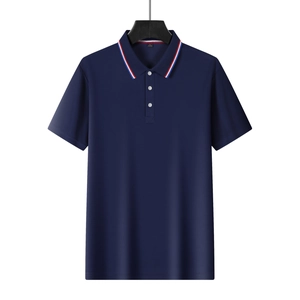 Men's navy blue polo shirt with tricolor striped collar and casual short sleeves
