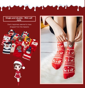 Detail showing red Christmas mid-calf socks with 3D cartoon bear ears and warm knit texture