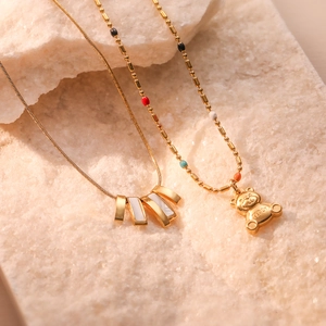 Cute Teddy Bear Pendant Necklace Titanium Steel Gold Plated With Colorful Beads Dainty Fashion Jewelry For Women