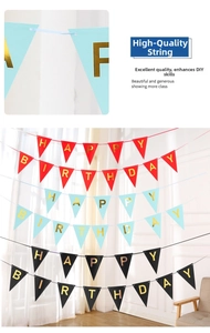 Detail of gold foil Happy Birthday banner lettering on blue, red and black triangles