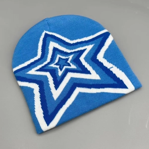 Blue knit beanie with star patterns, windproof winter thermal hat for men and women