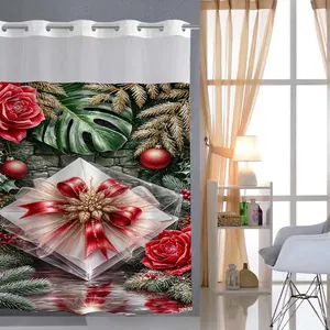 Detail of Christmas shower curtain featuring red roses, gold pine, and silver metal eyelets