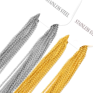 Silver and gold 2mm stainless steel cable chains displayed on product cards