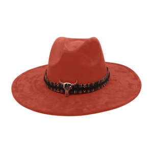 Red wide-brim fedora hat with ethnic patterned band and bull head emblem