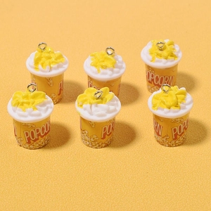 Miniature resin popcorn bucket charms with metal loops for DIY jewelry and crafts