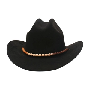 Detail of black western cowboy hat featuring gradient brown wooden bead band decoration