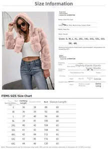Detailed size chart for faux fur coats featuring multi-color options and dimensions