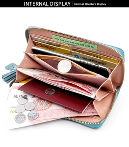 Detail view of the tricolor zipper wallet interior showing card slots and compartments