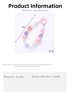 Detail of colorful acrylic phone charm with candy beads and floral charms, 14cm length