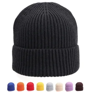 Ribbed Knit Beanie Hat Solid Color Cuffed Warm Elastic Autumn Winter Outdoor Cap For Men Women Acrylic