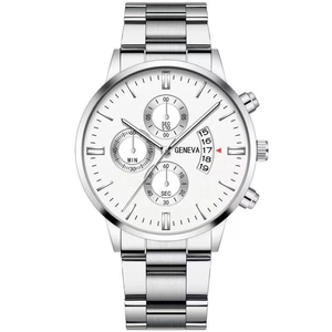 Close-up of Geneva men's chronograph watch with silver metal band and white dial