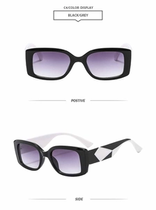 Detailed view showing positive and side profiles of square black and white sunglasses