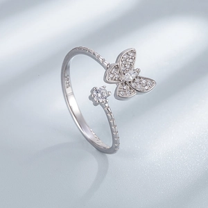 Sparkling S925 sterling silver butterfly open ring with zircon crystals on silk