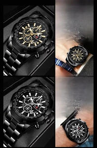Close-up of dual-color luminous quartz watch with three-eye chronograph and calendar
