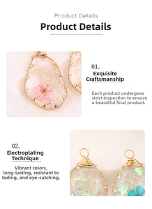 Detailed macro view of handmade teardrop resin pendants with dried flowers and gold foil