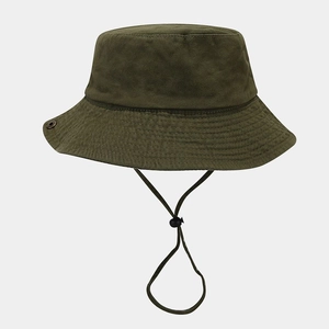 Detail of army green cotton bucket hat with metal eyelets and adjustable black drawstring