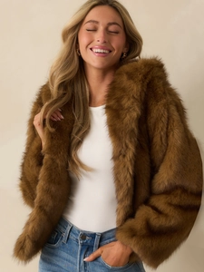 Stylish brown faux fur hooded jacket with front pockets and soft plush texture for women