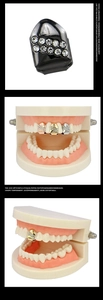 Detailed view of double row diamond hip hop teeth grills in multiple metallic colors