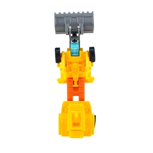 Detailed close-up of yellow construction toy truck parts with arm and wheels