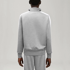 Grey men's tracksuit with white side stripes and stand collar in high-quality knit fabric