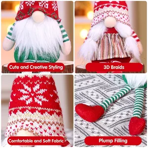 Christmas gnome doll with long striped legs, knit hat with snowflake embroidery and braids