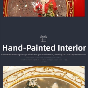 Detail of hand-painted Santa Claus inside Christmas snow globe with golden embossed rim