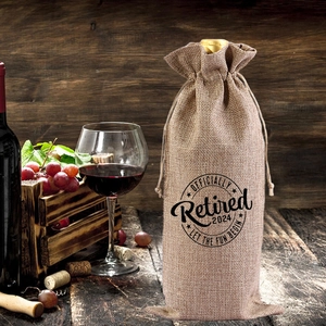 2024 officially retired theme jute wine gift bag with drawstring on wooden background