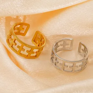 Hollow Cross Adjustable Ring Stainless Steel 18K Gold Plated Geometric Wide Band Punk Ins Style Jewelry For Women
